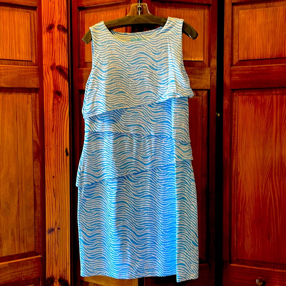 Dress- sleeveless, floating layer sheath flattering shape